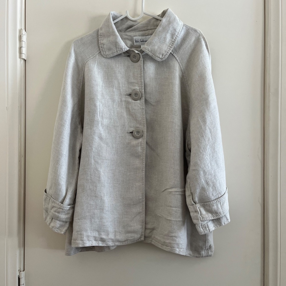 100% Linen Button Front Shirt Jacket Womens 2X Beige Coastal Lagenlook Capsule
